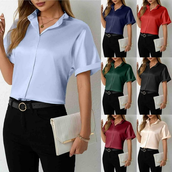 Olyvenn Satin Blouses for Women Button Down Silk Shirts Batwing Sleeve Top Elegant Summer Office Work Shirt Black M
