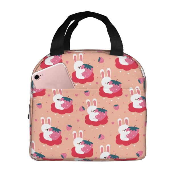 Easygdp Bunny And Strawberry Bolsa Térmica Premium - Tela Oxford Impermeable, Gran Capacidad, Bolsillo Frontal, Unisex para Trabajo, Escuela, Actividades al Aire Libre y Picnics
