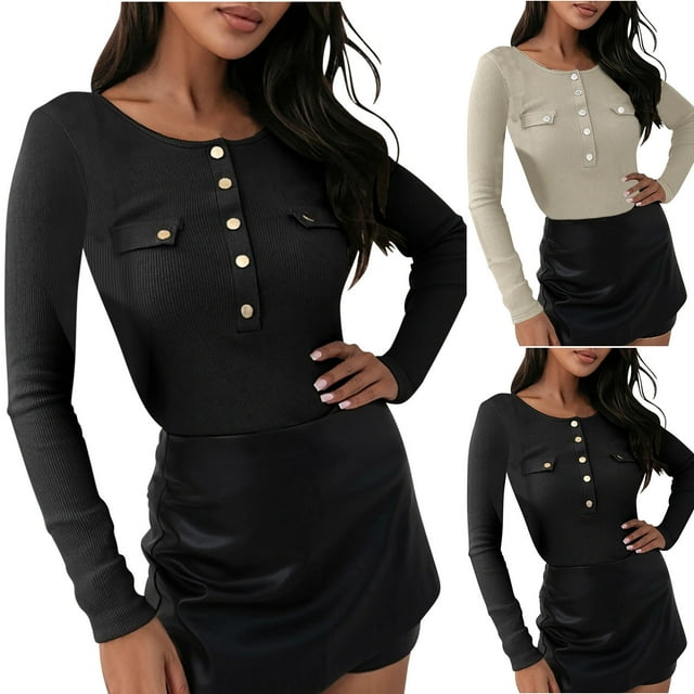 NJDVHB Blouses d'Hiver pour Femmes, Hauts Tendance pour Femmes, Chandail en Molleton pour Femmes, Mode Décontractée pour Femmes, T-Shirt à Manches Longues Col Rond Uni avec Boutons, Blouse Décontractée, Noir, P