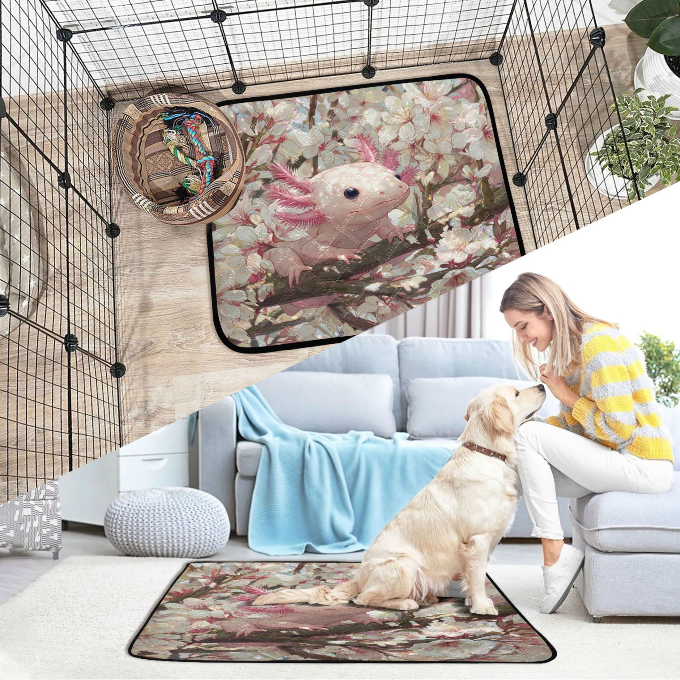 Qxltty Axolotl Cherry Blossom Cat litter Pads Pet Set of 3 Diaper Mats Center Anti-leakage Layer Absorbent Soft and Comfortable