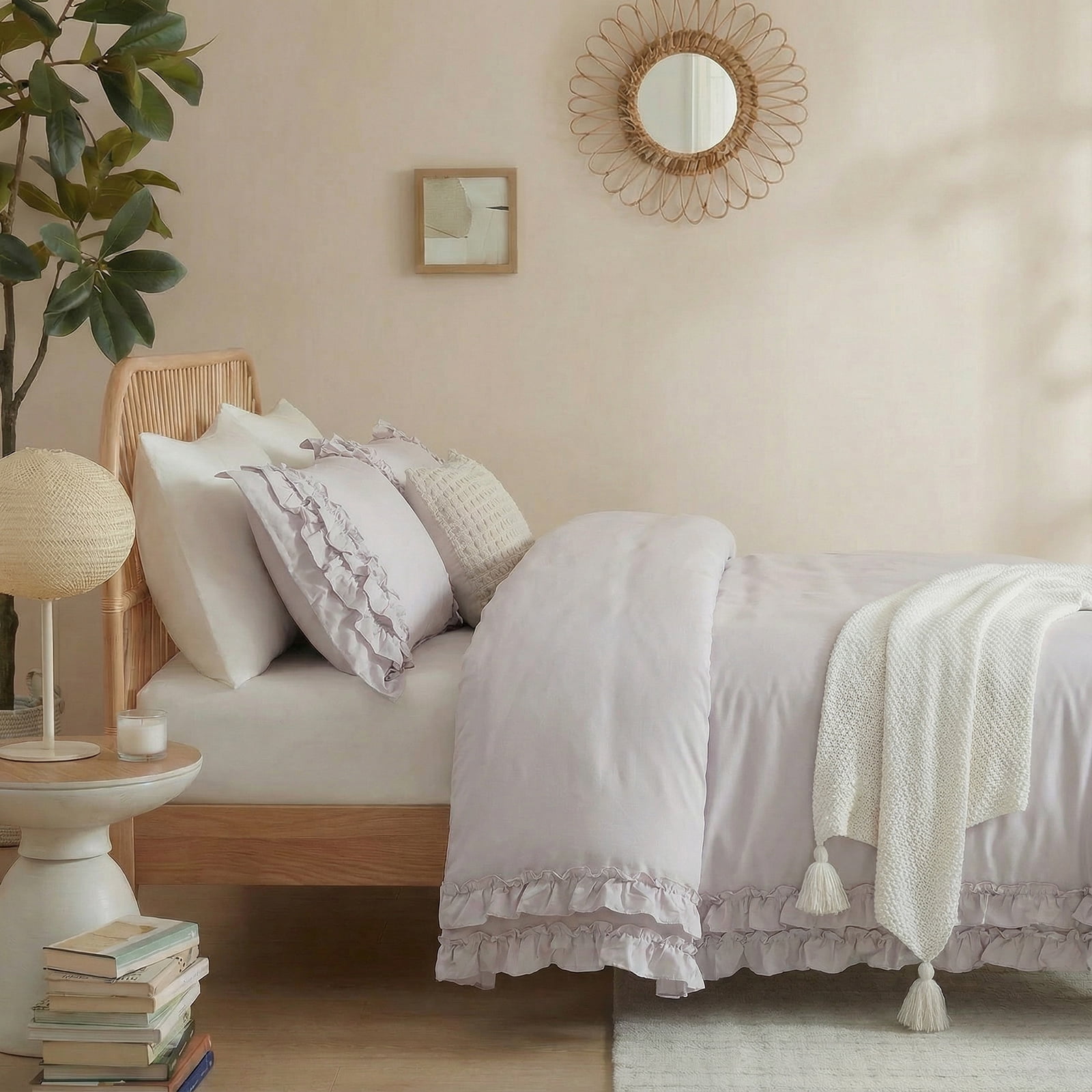 100% Cotton Ruffled Comforter Set Queen, White Shabby Chic Farmhouse Bedding Set French Country Cute Comforter Set