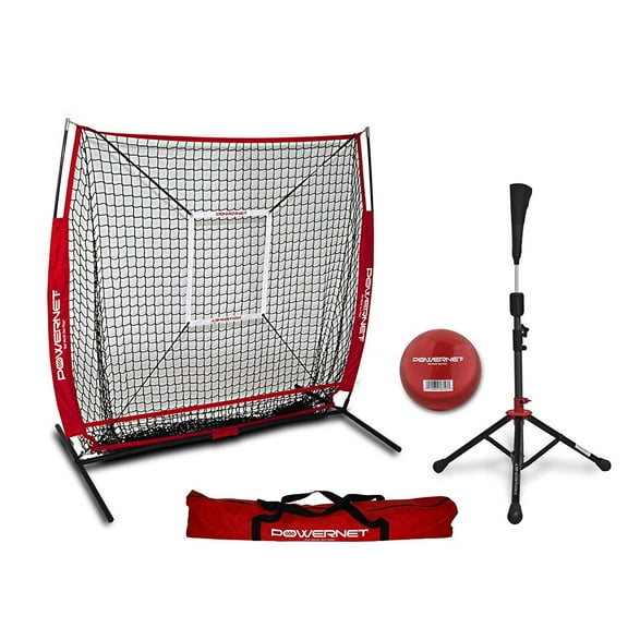 PowerNet Baseball Net Bundle, 5x5 Hitting & Pitching Net with Baseball Tee, Softball Baseball Training Equipment, Weighted Ball & Bag