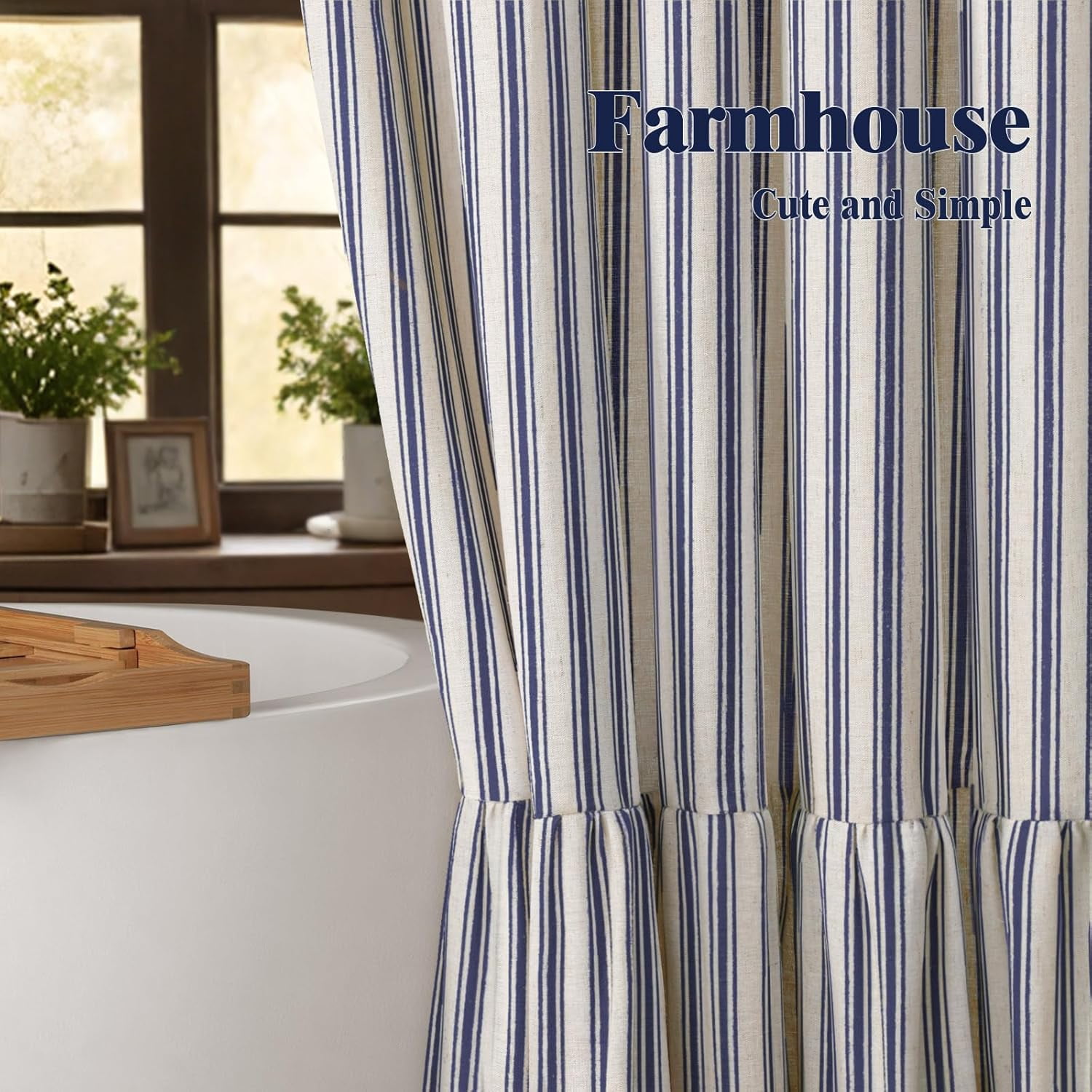 Boho Farmhouse Shower Curtain with Ruffle Hem, Linen Textured White Shower Curtains for Bathroom Vintage Rustic Fabric, Blue Stripe 72" W x 72" L