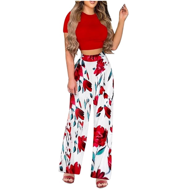 Traje de cintura con estampado floral de verano para mujer Traje casual de dos piezas a la moda Wmkox8yi bvn762