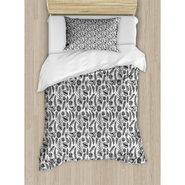 Philodendron Duvet Cover Set Twin Size, Monochrome Vintage Pattern with Detailed Plants and Leaves, Decorative 2 Piece Bedding Set with 1 Pillow Sham, Charcoal Grey and White, by Ambesonne