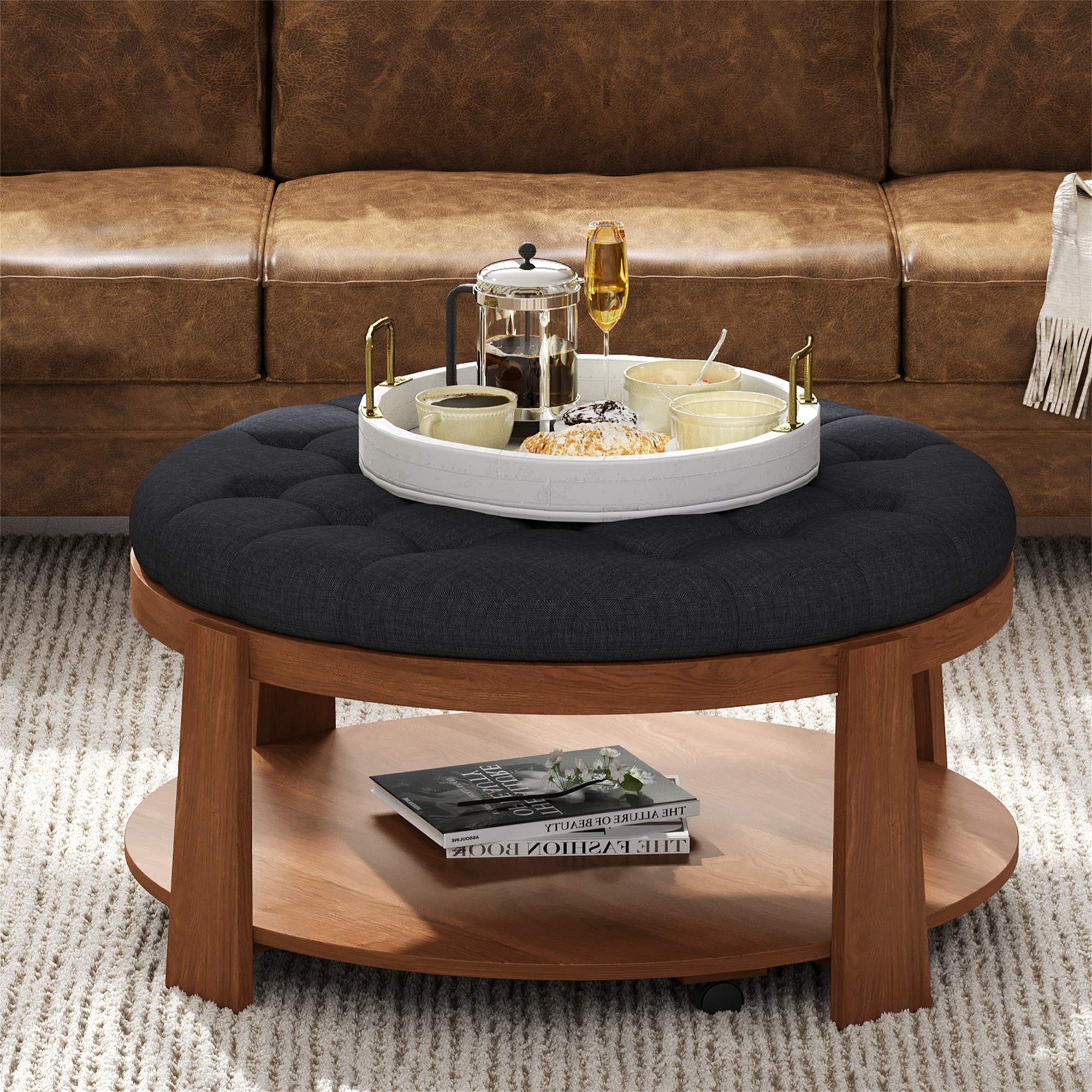 Leumius Coffee Table,2-Tier Round Oversized Button Tufted Ottoman with Wood Shelf Storage for Living Room,Black+Brown