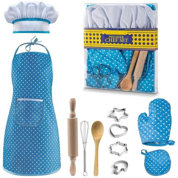 TiokMc Kids Cooking Set, 11 Piece Chef Role Play Baking Kit for Ages 3-8, Apron, Chef Hat, Oven Mitt, Utensils & Cookie Cutters, Pretend Kitchen Toy Gift, Blue