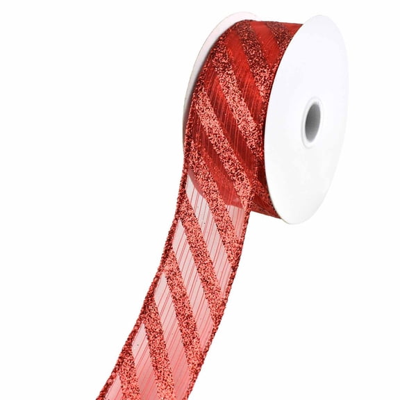 Christmas Metallic Stripe and Glitter Candy Cane Wired Ribbon, 1-1/2-Inch, 10-Yard - Red