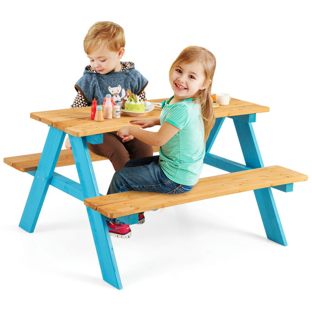 GVN Children Outdoor Wooden Table with Bench Seats for Indoor and Outdoor Use-Natural, Kids Desk and Chair Set for Arts & Crafts, Snack Time, Homeschooling, Homework