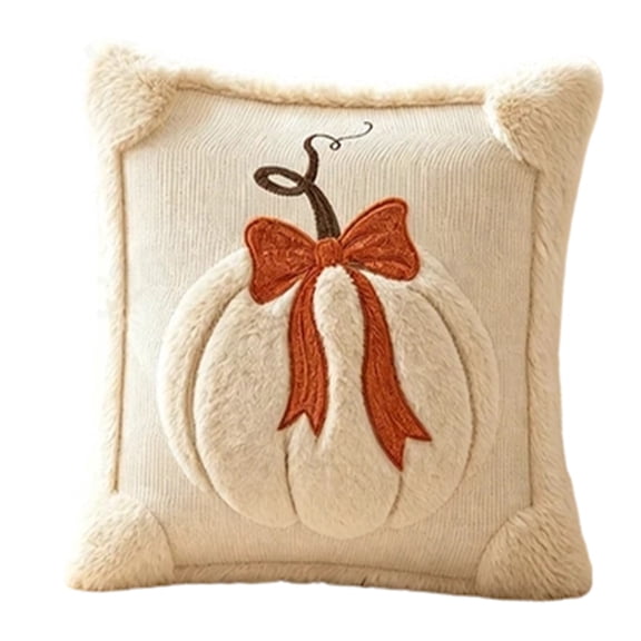 CHJK Pumpkin Embossed Throw Pillow, 18X18Inch Soft Fuzzy 3D Pumpkin Cushion with Bow, Fall Decorative Pillow for Halloween Thanksgiving Sofa Couch Bedroom Home Decor, White