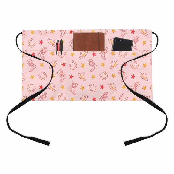 Country Style Kitchen Restaurant Half Waist Apron, Western Horseshoe Boots Cowboy Hat Stars Pink Server Short Apron with 3 Pockets Waterproof Oil Waist Aprons for Women Waitress Waiter
