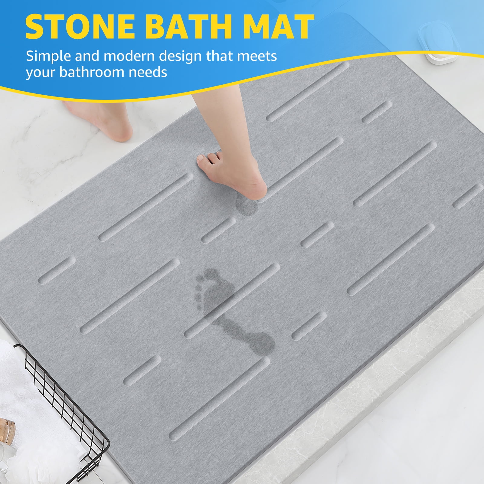 OTHWAY Large Stone Bath Mat, 32"x 20" Diatomaceous Earth Bath Mat for Bathroom, Quick Drying Long Bath Mat Stone Absorbing, Non-Slip Diatomite Hard Stone Shower Mat Instant Dry(Light Grey)