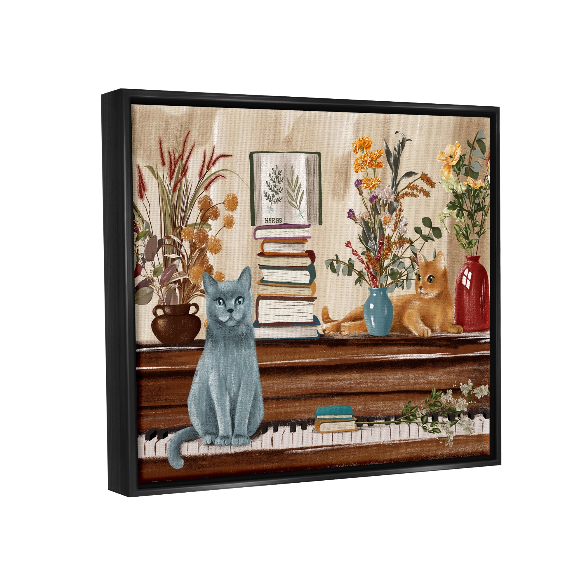 Stupell Industries Cats & Books on Piano Animals & Insects Painting Black Floater Framed Canvas Art Print Wall Art, 31 x 25