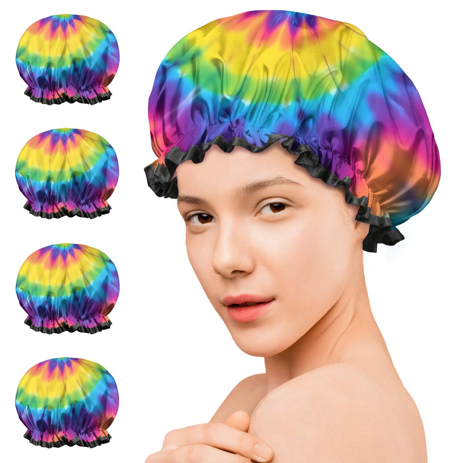 Shower Caps,Rainbow Tie Dye Mandala Pattern Waterproof Shower Cap for Women 4 Pieces,Double Reusable Hair Cover for Shower PEVA Elastic Stretch Hem