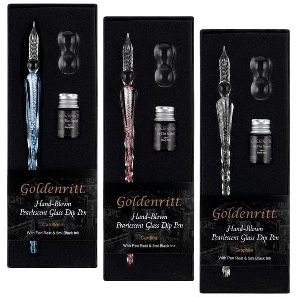 Goldenritt Glass Dip Pen Set Graphite w/ 5ml Ink + Pen Rest