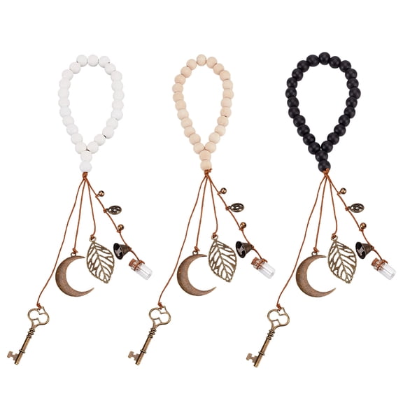 3Pcs 13.6 Inch Bells for Door Knob Bells with Wood Beads Leaf Pagan Decor Magic Keys Moon Wood Beads Hanger Bells for Witchy Room Home Decor Supplies