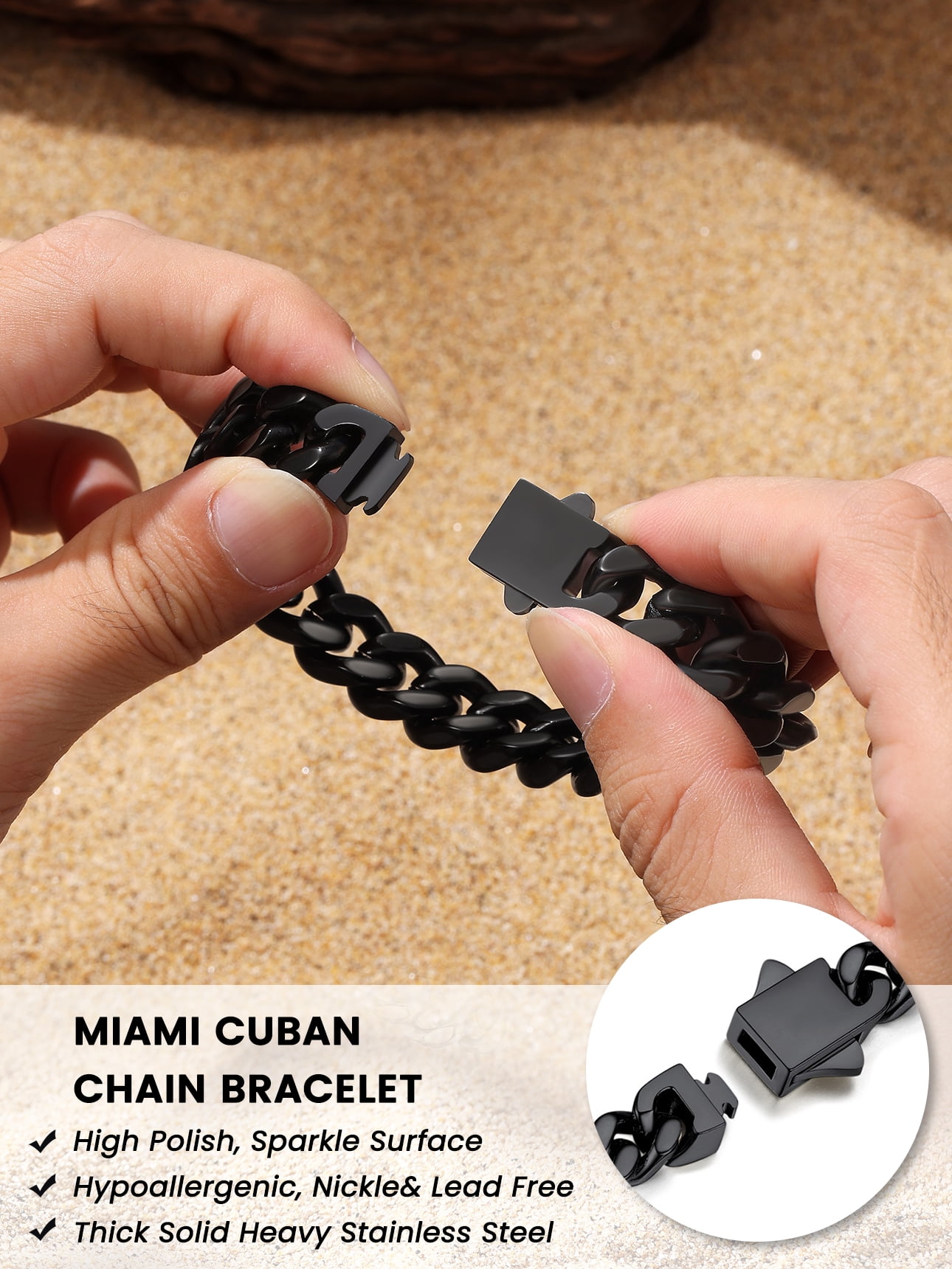 Bestyle 5mm Cuban Link Bracelets for Men Women, Black Metal Plated Stainless Steel Chain Bracelet Punk Cool Hip Hop Jewelry Gift, 19cm/7.5in