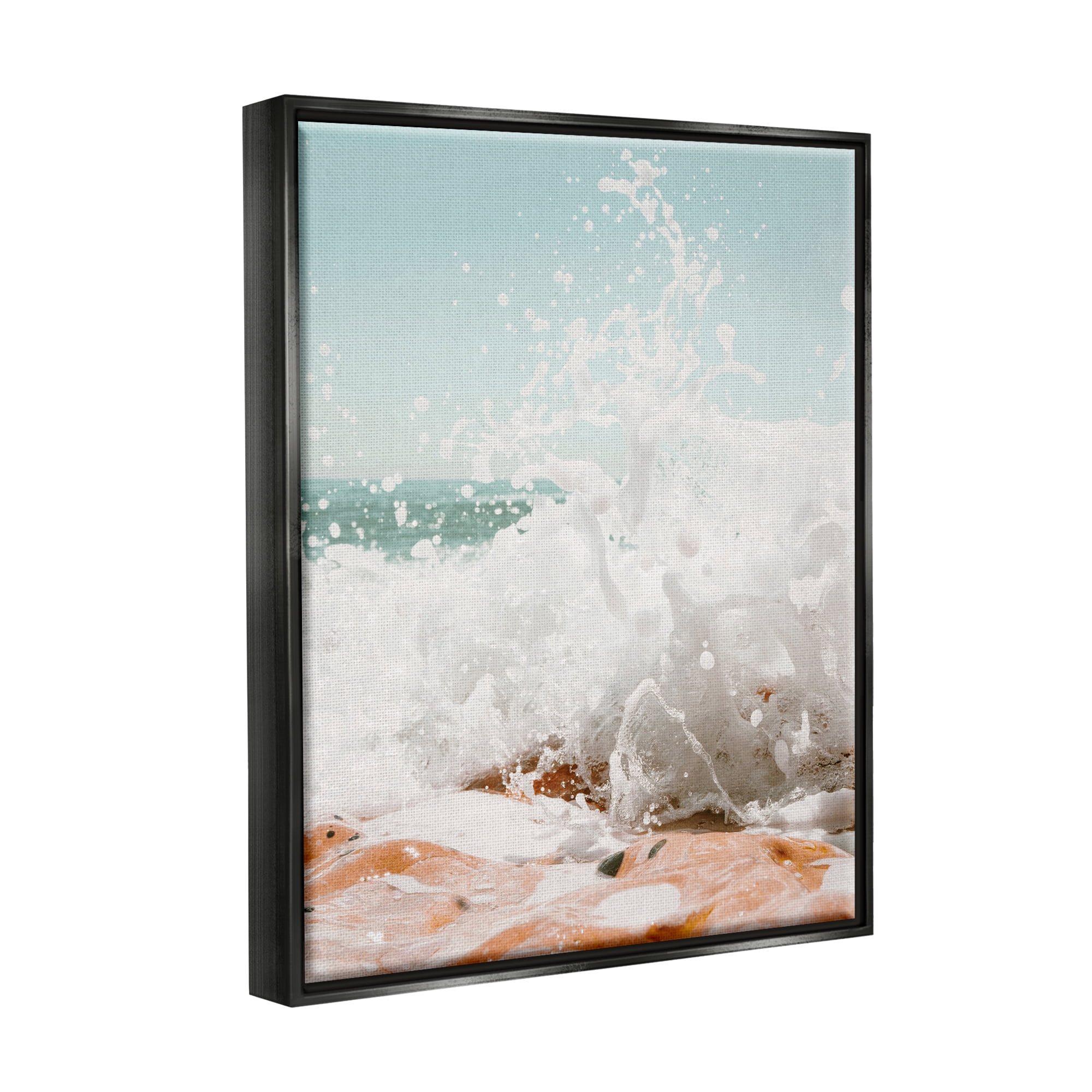Stupell Splashing Sandy Beach Sea Foam Landscape Photography Black Floater Framed Art Print Wall Art