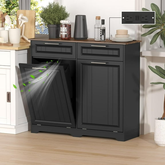 Double Tilt Out Trash Can Cabinet with Deodorizing Function & Charging Station, 2 x 10 Gallon Hidden Laundry Hamper Cabinet with Storage Drawers, Garbage Can Holder for Kitchen, Bathroom, Black