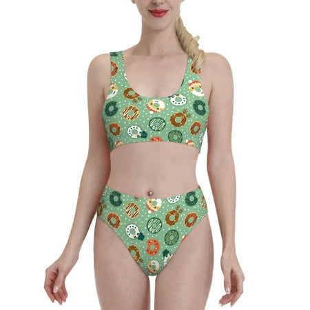 Bixox Christmas Donuts Pattern Two-Piece Sports Bikini with U-Shaped Top and High-Waist Bottom - Women s Swimwear with Removable Bra Pads
