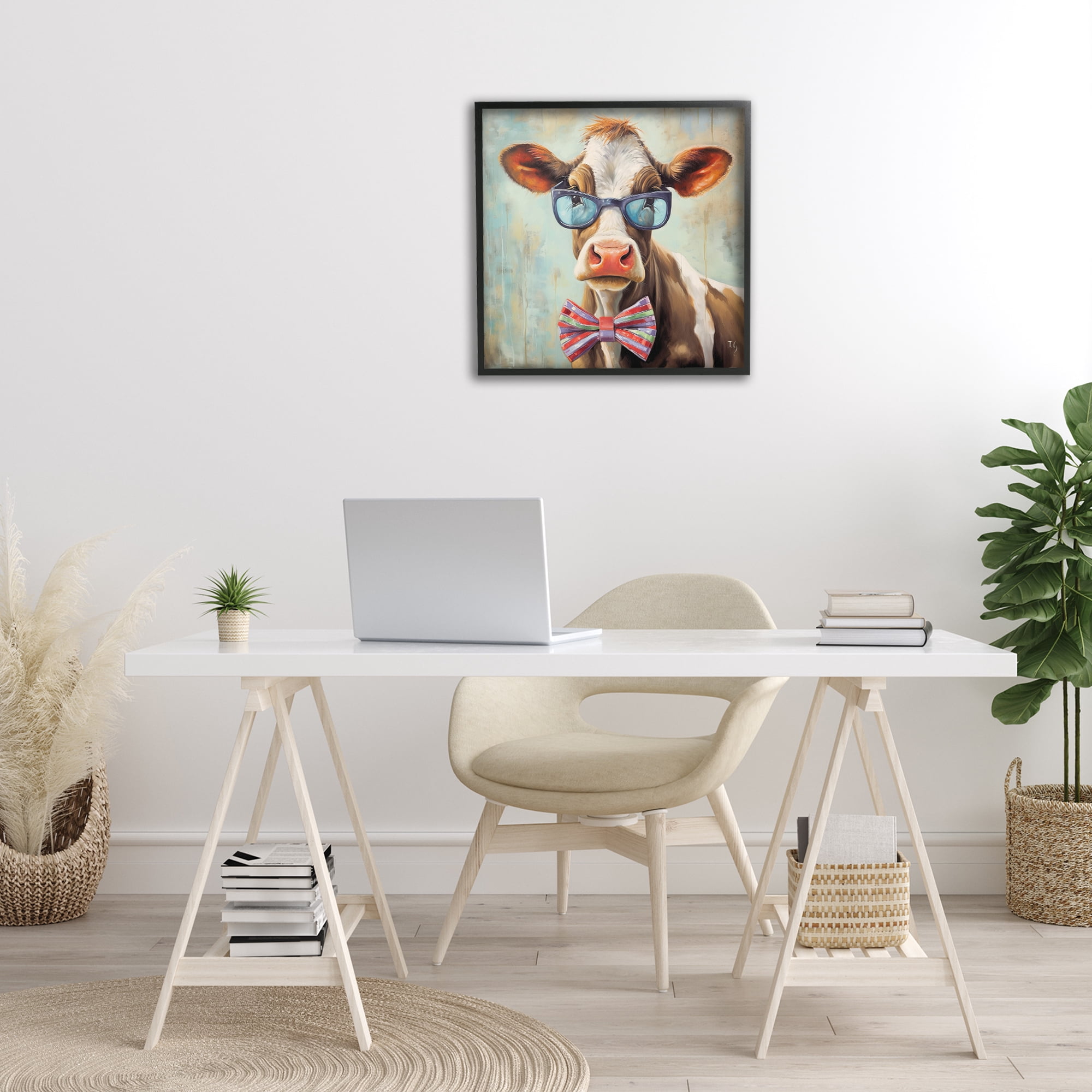 Stupell Industries Hipster Cow with Bowtie Animals & Insects Painting Black Framed Art Print Wall Art, 24 x 24