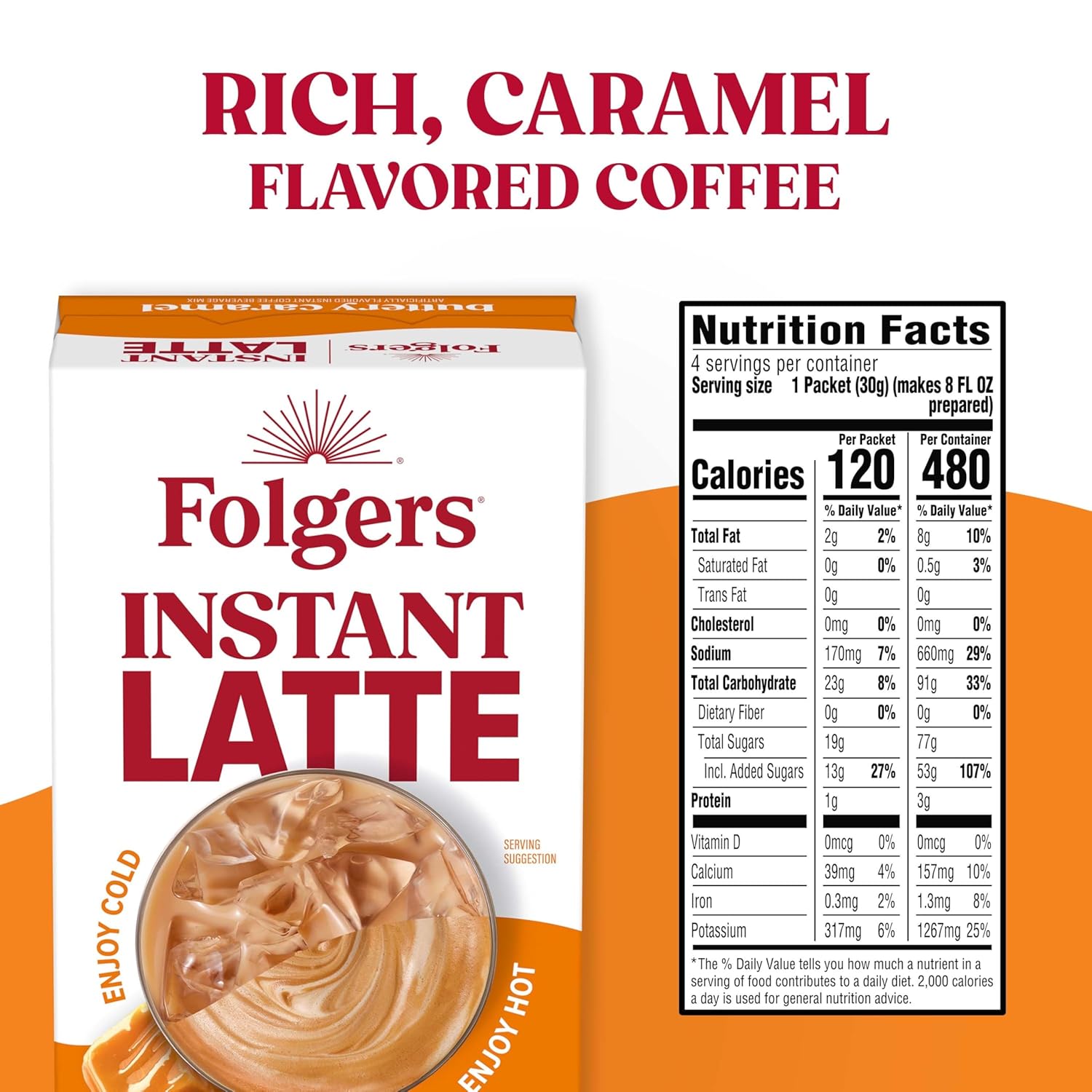 Folgers Buttery Caramel Flavored Instant Latte Packets, Instant Coffee Beverage Mix, 4 Single Serve Packets, 4.2 oz Box