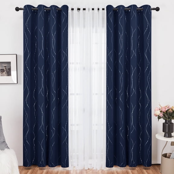 Deconovo 4 Pcs Blackout and Sheer Curtains Set for Bedroom, Navy Blue/White, 52"x63", Grommet Top,