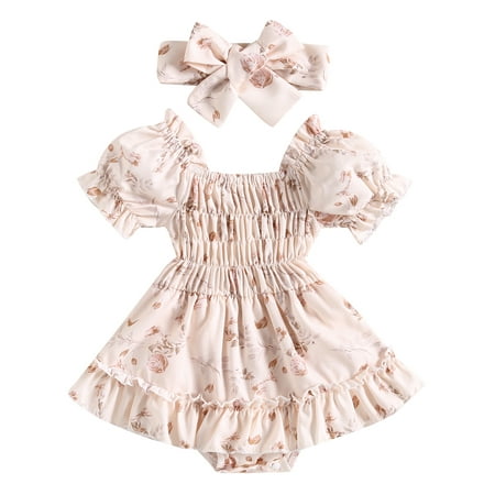 

Musuos Baby Girl Pink Floral Romper Dress Ruffle Onesie Off-The-Shoulder Bodysuit Tops