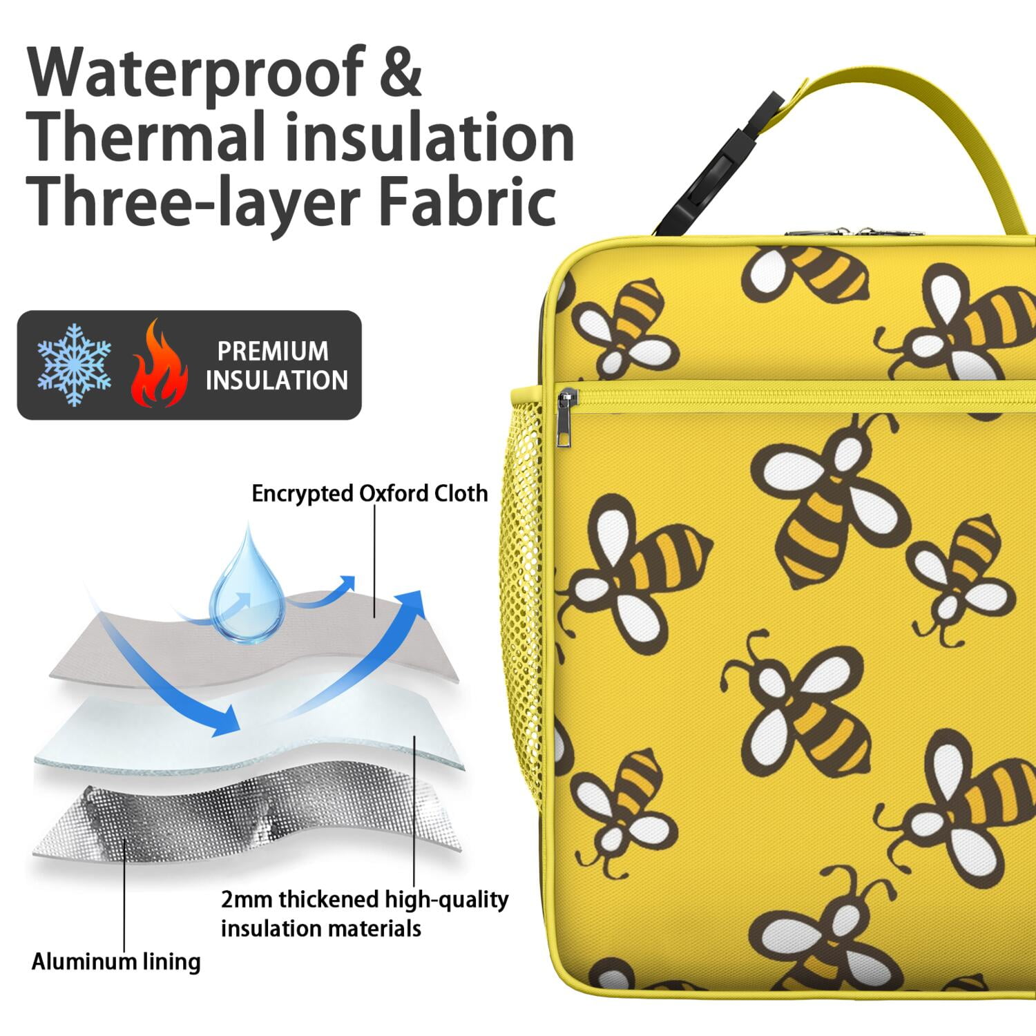 Bumble Bee Lunch Bag, Cute Bee with Hive Print Design, Yellow Honeybee Lover Print, Insulated Bento Cooler for Work, Travel, School