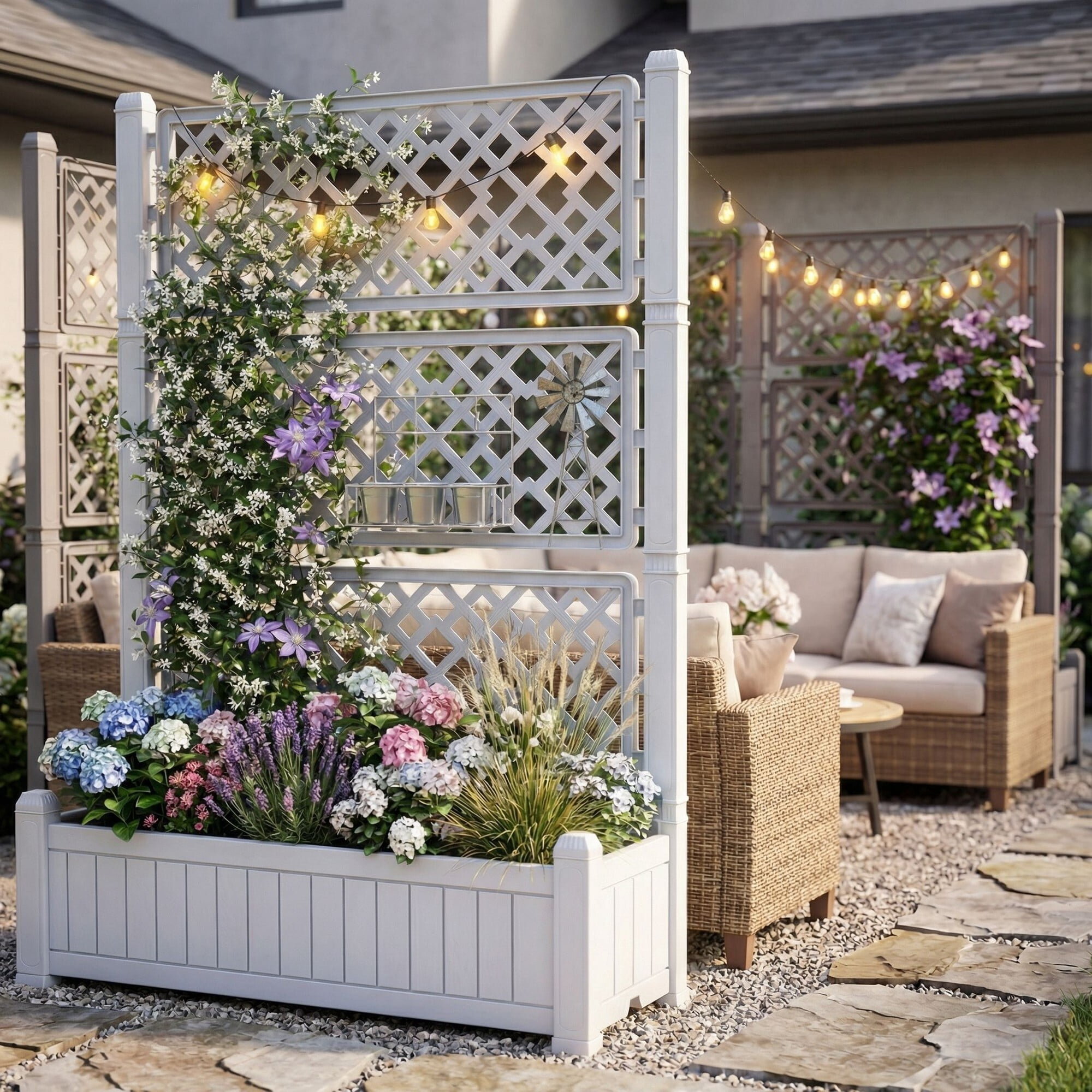 Uforic Outdoor 42.5x14.2x61 in Privacy Screen & Planter Box with Trellis, Raised Garden Bed with Wheels & Drain Plug, All-Weather White Planter for Climbing Plants, Flowers, Herbs