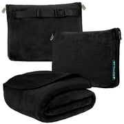 PAVILIA Travel Blanket Pillow, Soft Airplane Blanket 2-IN-1 Combo Set, Plane Blanket Compact Packable, Flight Essentials Car Pillow, Travelers Gifts Accessories, Luggage Backpack Strap, 60x43 Black