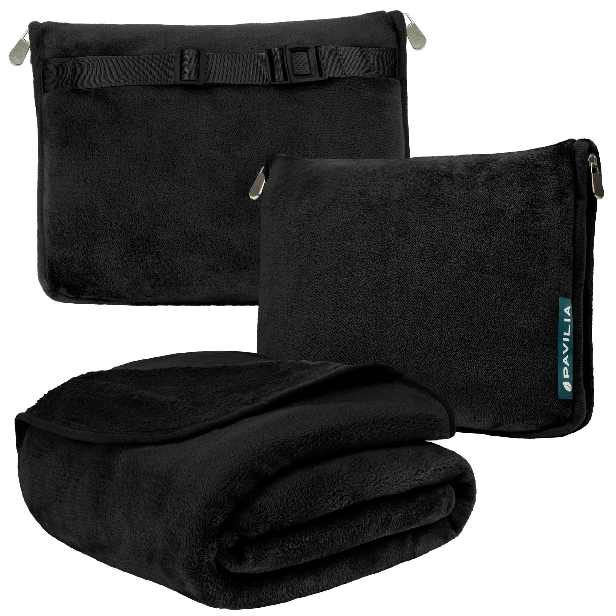 PAVILIA Travel Blanket Pillow, Soft Airplane Blanket 2-IN-1 Combo Set, Plane Blanket Compact Packable, Flight Essentials Car Pillow, Travelers Gifts Accessories, Luggage Backpack Strap, 60x43 Black