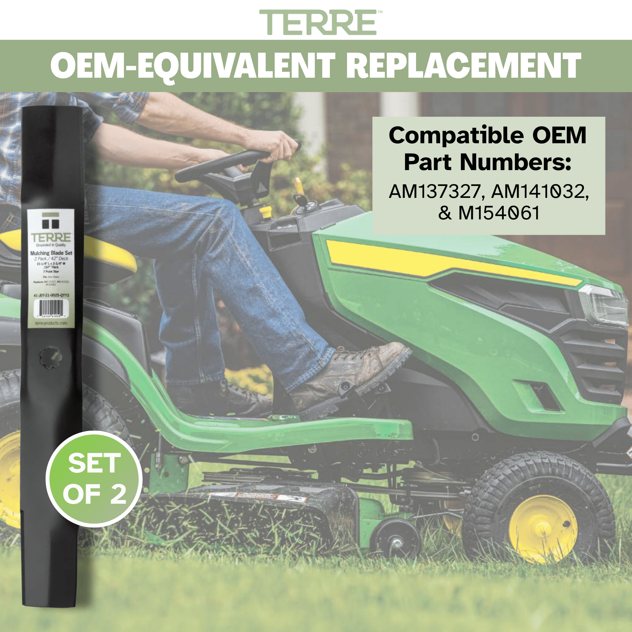 Terre Products, 2 Pack Mulching Lawn Mower Blades, 42 Inch Deck, Compatible with John Deere, Replacement for AM137327, AM141032, M154061