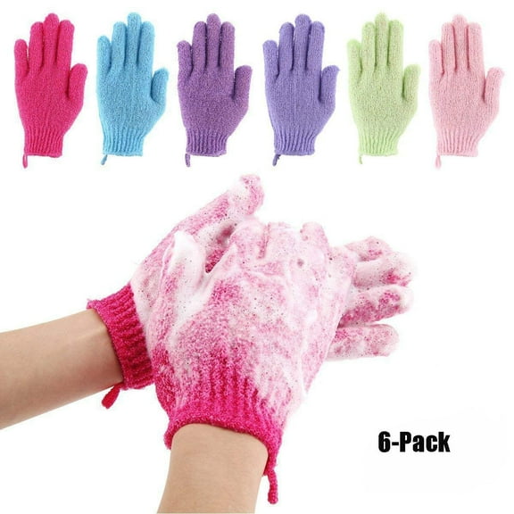 Exfoliating Gloves - 6 Body Scrubbers for Use In Shower or Bath by Men and Women to Remove Dead Skin,6 Pair Dark Purple/Light Blue /Pink/Green /Light Purple /Pink