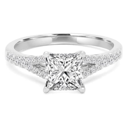 Majesty Diamonds MD210094-9 1 CTW Princess Diamond Split-Shank 4-Prong Solitaire Engagement Ring with Accents in 14K White Gold - Size 9
