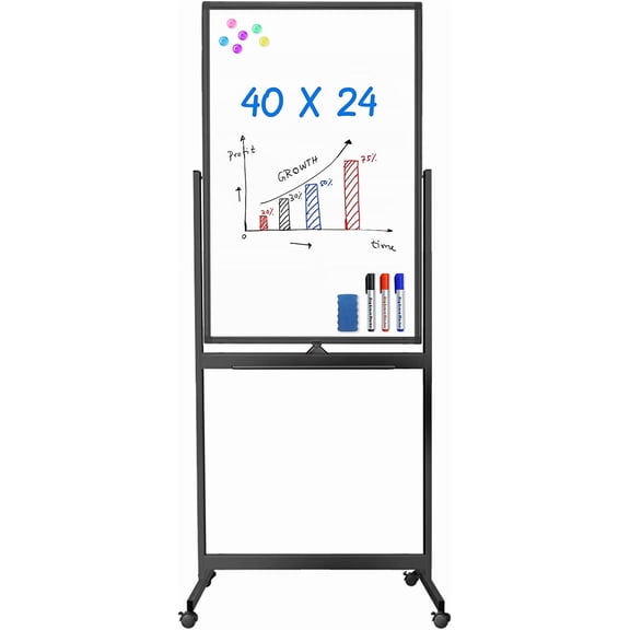 Magnetic Mobile White Board, 40 x 24 Double Sided Dry Erase Board Rolling Whiteboard, Aluminum Frame Standing Whiteboard on Wheels for Home Office Classroom