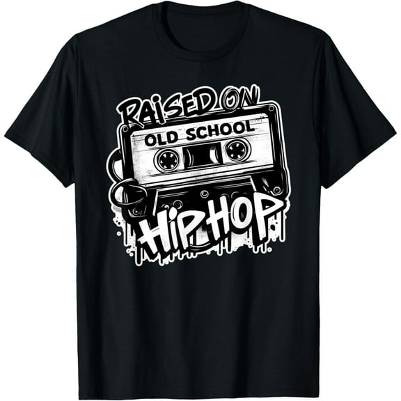 RAISED ON OLD SCHOOL HIP HOP Anniversary Cassette Graffiti T-Shirt men and women can wear, black, white, gifts
