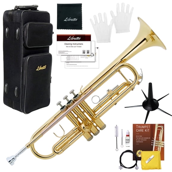 Libretto Gold Lacquer Bb Trumpet Set, Rose Brass Leadpipe, for Beginner and Intermediate, Trumpet Cleaning Kit Included