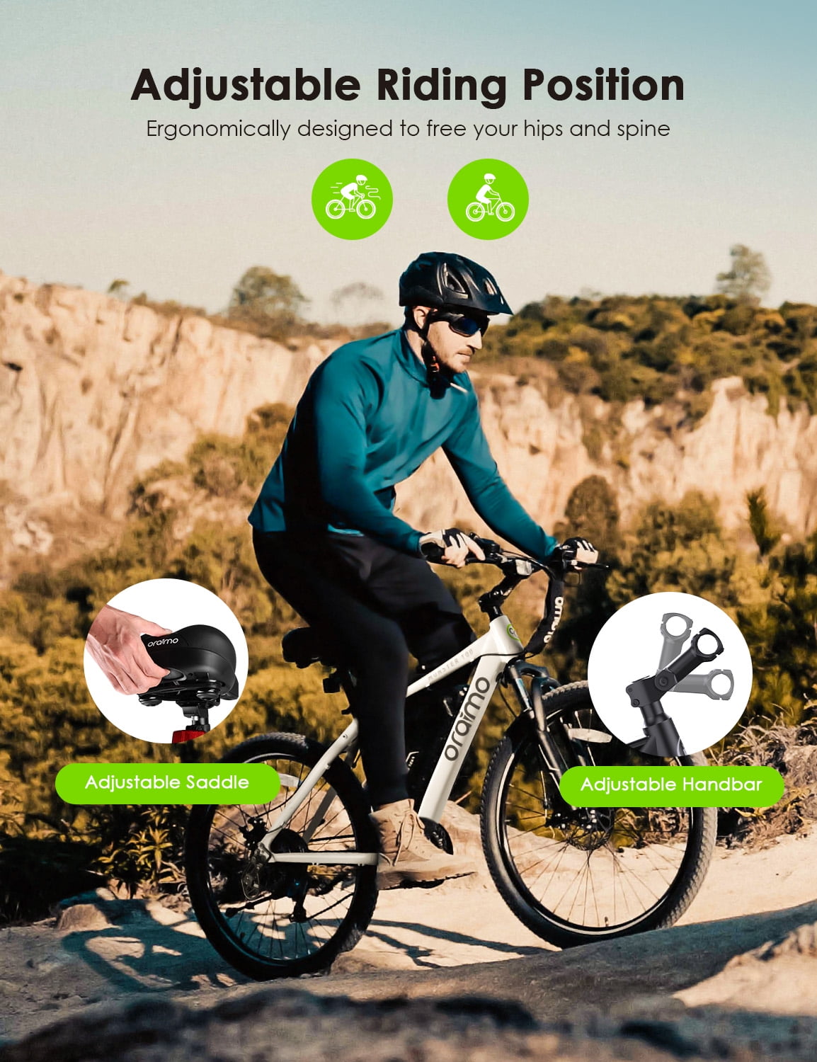 Oraimo Electric Bike For Adult 26" Electric Mountain Bicycles with 350W Bafang Motor, 3 Hours Fast Charge Ebike with 36V 13Ah Removable Battery, Shimano 21 Speed, Air Saddle White
