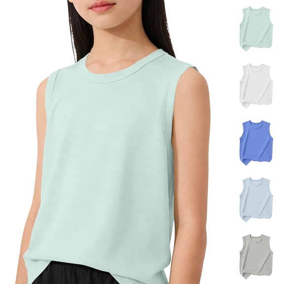 SROBPTY Girls Summer Tank Tops Solid Sweet Lightweight Crew Neck Sleeveless Shirts for Daily Wear 3-14 Years