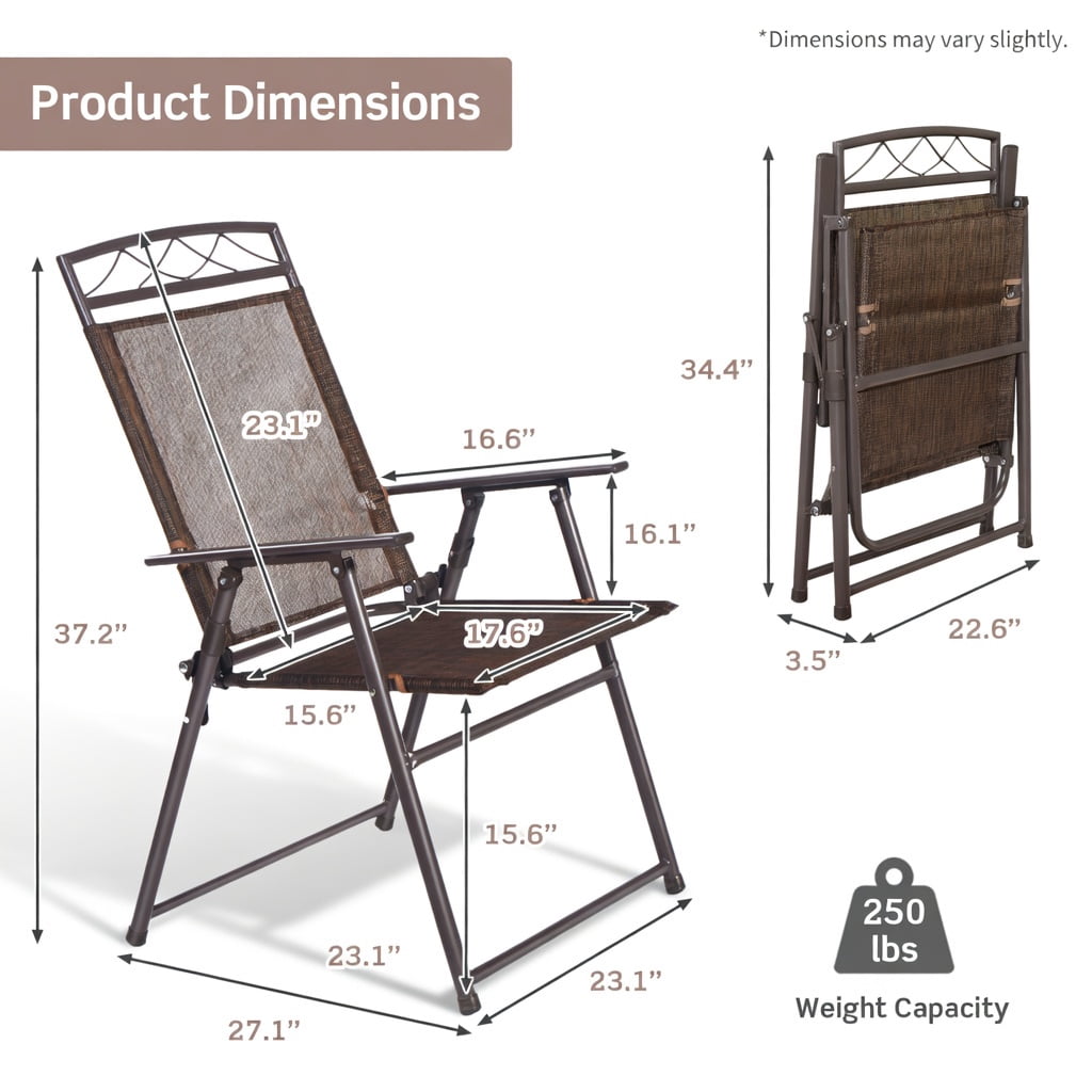 Hommoo 4-Pack Folding Patio Chairs, Steel Frame Sling Chairs with Weather-Resistant Fabric, Compact Lightweight Design for Backyard, Poolside, Balcony & Camping, Brown
