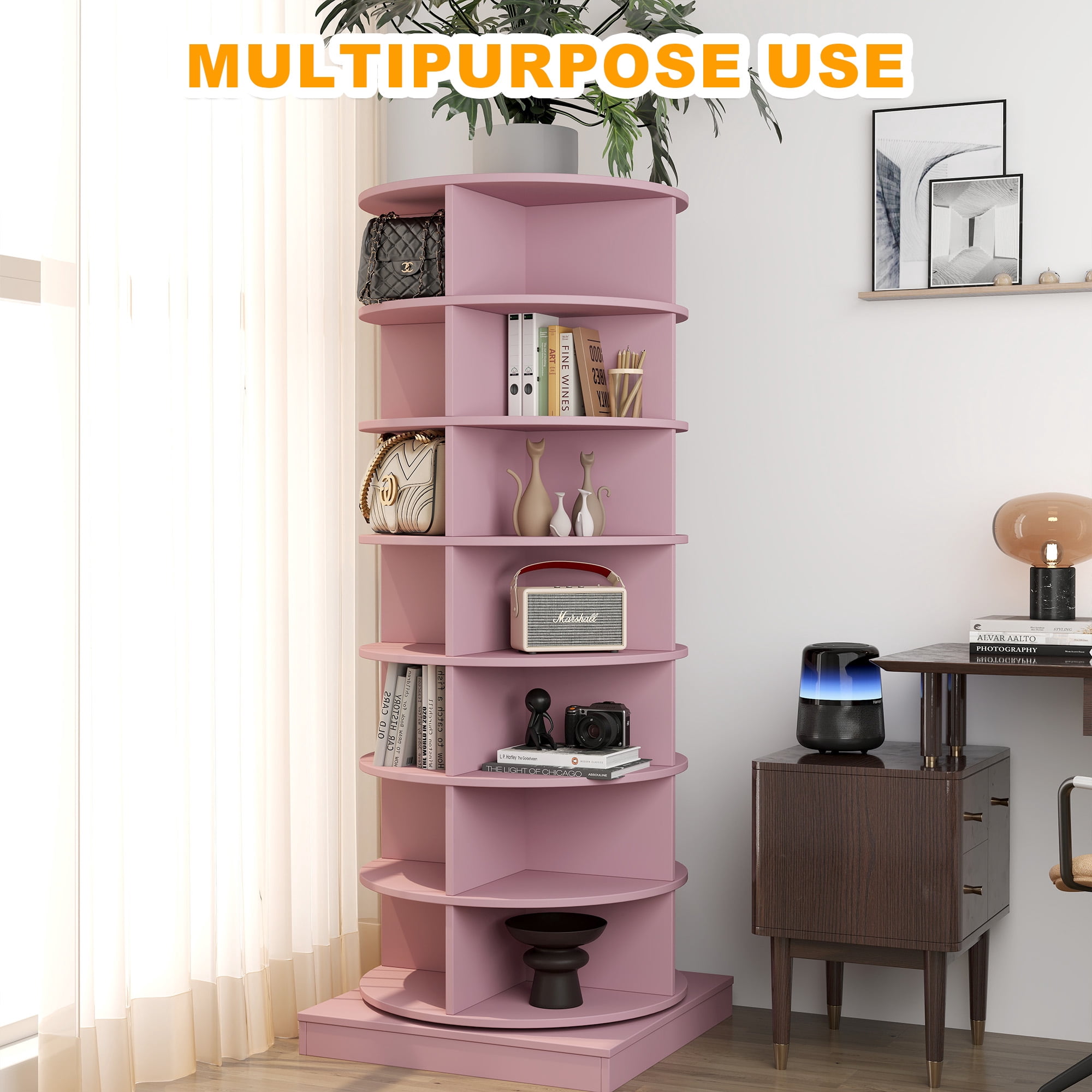 Aukfa 7-Tier Rotating Shoe Rack Tower, 360° Spinning Shoe Display Closet Organizer, Pink