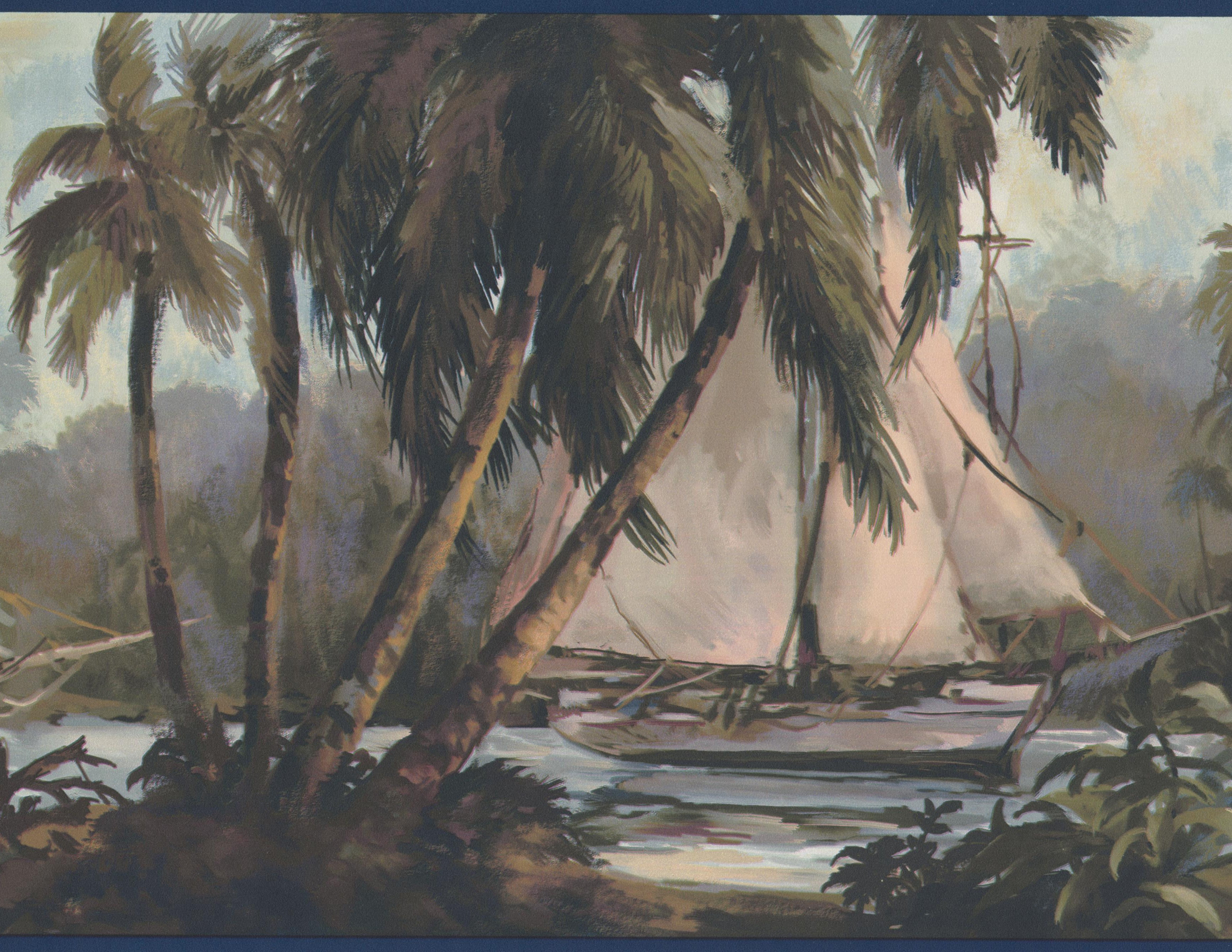 Wallpaper Border - Sail Boats in the Jungle Palm Trees Vintage Wall ...