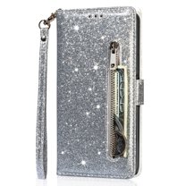 Decase Glitter Wallet Case for Google Pixel 7 Pro, Sparkly Luxury PU Leather Flip Folio Kickstand Cover Zipper Pocket Women Purse Sleeve with Card Holder & Detachable Wrist Strap, Silver