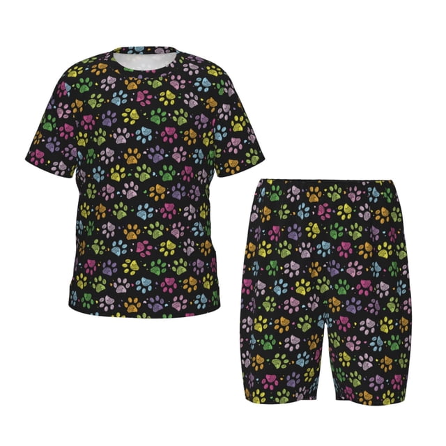 Fotbe Colorful Paw Pijama Estampada de 2 Piezas para Niños – Ropa de Dormir de Manga Corta Cómoda para Niños y Niñas, Camiseta y Shorts de Algodón-Small
