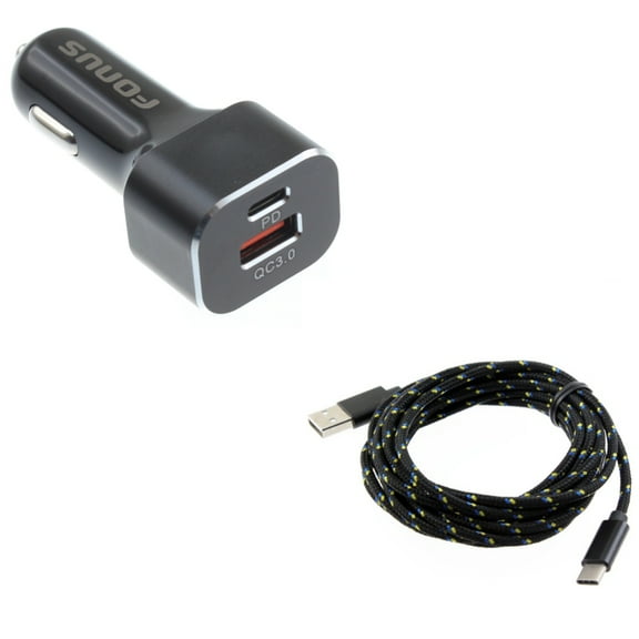 2-Port USB 36W Quick Car Charger w Charger Cord Type-C 10ft USB Cable J2J for Blackberry Motion, Key2, KEYone, LE - BLU G9, Vivo XI Plus 5 - CAT S61 S48c - Coolpad Legacy