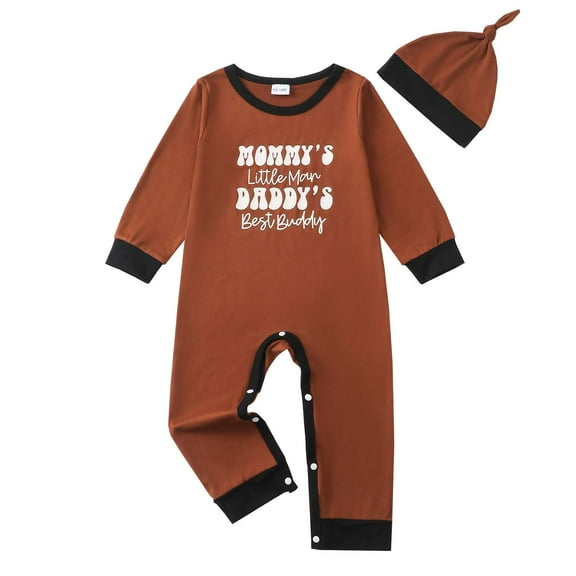 KIMI BEAR Newborn 3 Months Baby Boys Romper 6 Months Boy Jumpsuit Long Sleeves Letter Print Overalls Button Bottom Clothing with Hat 2pcs Clothes Newborn Baby Shower Gift Set Bronw