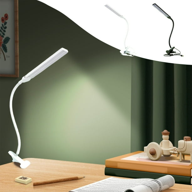 Lámpara de escritorio LED recargable de 32 LED con clip | Cabezas dobles ajustables, cuello de oco flexible de 180°, 3 modos de iluminación: ámbar suave natural, ABS, blanco | Alivio de la fatiga