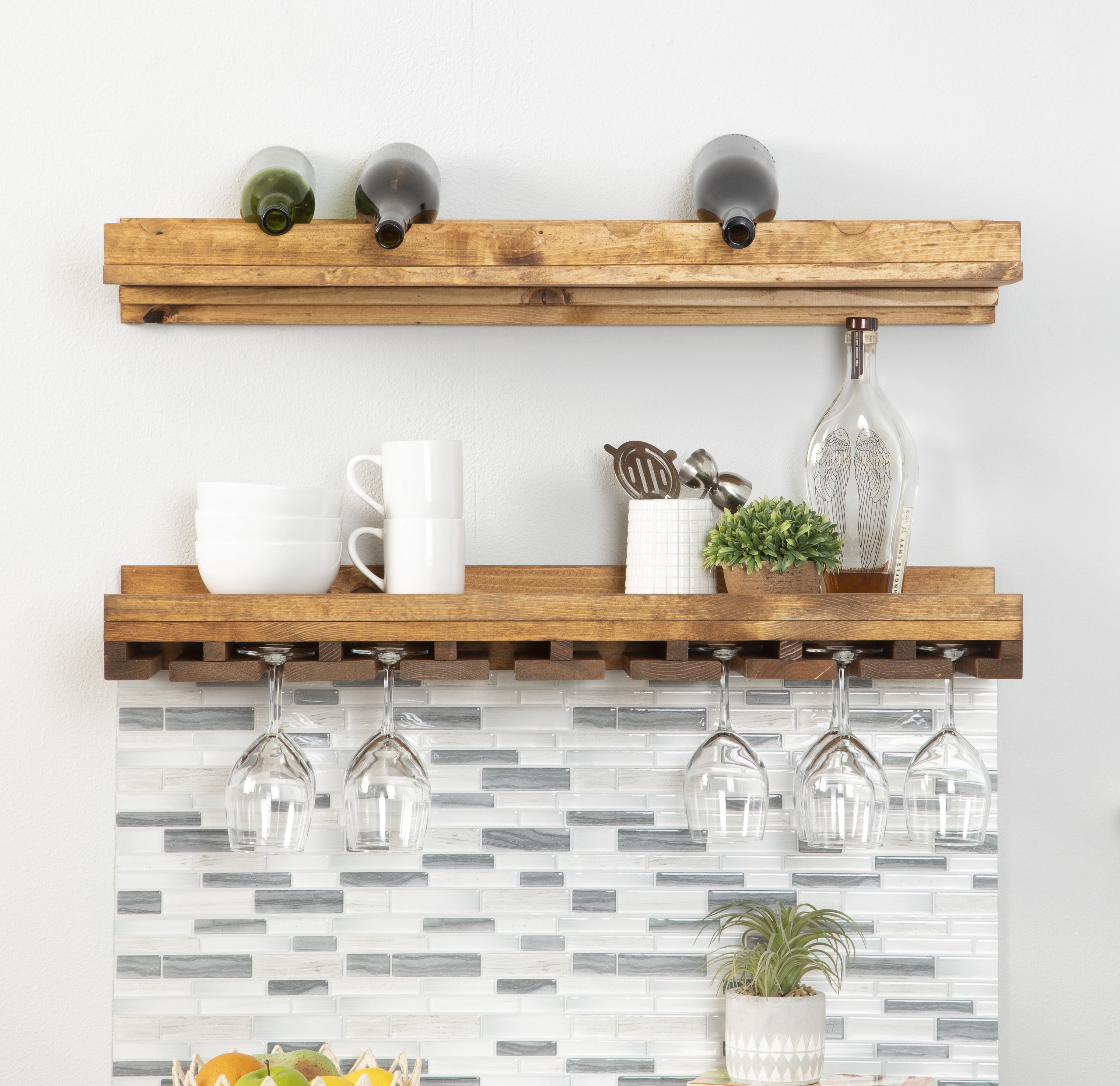 Rustic Handmade Wall Mounted Two Tiered Solid Wood Wine Rack for Bottle