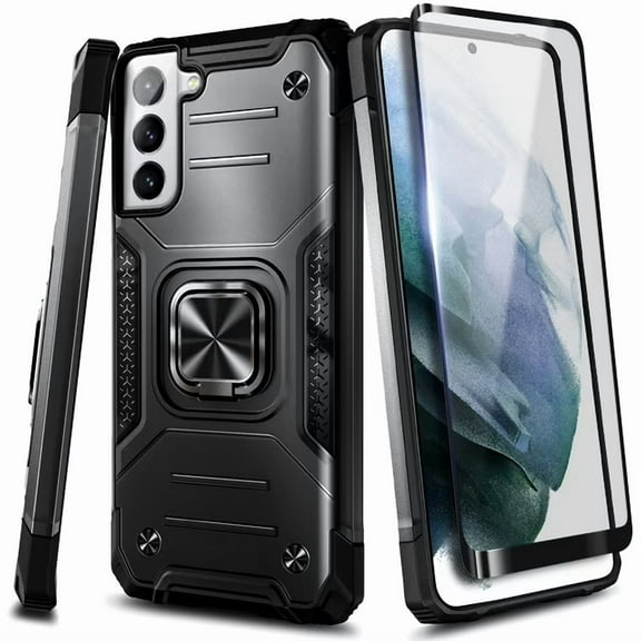Nagebee Case for Samsung Galaxy S21 5G with Screen Protector (Soft Full Coverage), Full-Body Protective [Military-Grade] Magnetic Car Mount Ring Holder, Heavy-Duty (Black)